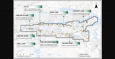 Pacton Gold - The Adeline Project totals 297 km2, covering an entire sedimentary basin with approximately 250 known copper occurrences.