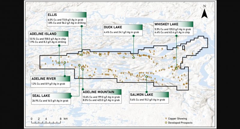 Pacton Gold - The Adeline Project totals 297 km2, covering an entire sedimentary basin with approximately 250 known copper occurrences.