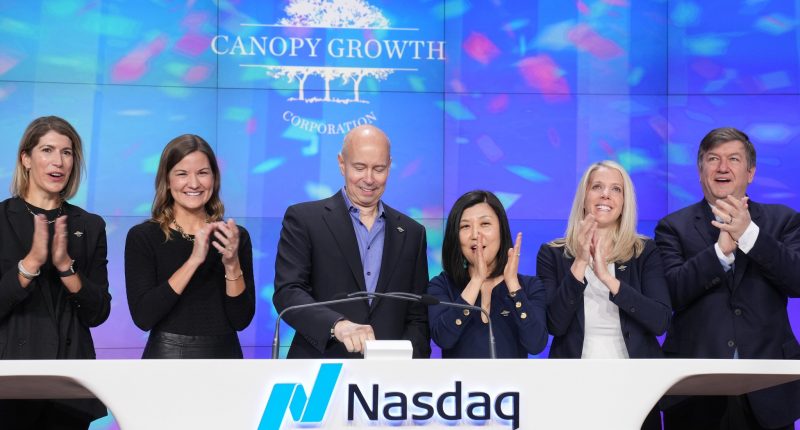 Canopy Growth - CEO, David Klein (centre), to the right of CFO, Judy Hong.