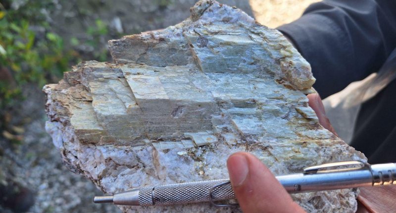Critical Elements Lithium - Sample from new spodumene pegmatite outcrops at the Rose project.